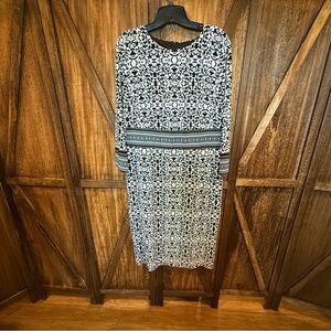 Liz Claiborne Monochrome Patterned navy and white Long Sleeve Dress  - Size 14